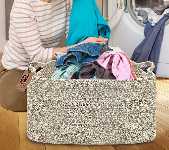 COMFY-HOMI Large Rectangular Blanket Basket, Woven Cotton Rope Baskets - Image 6