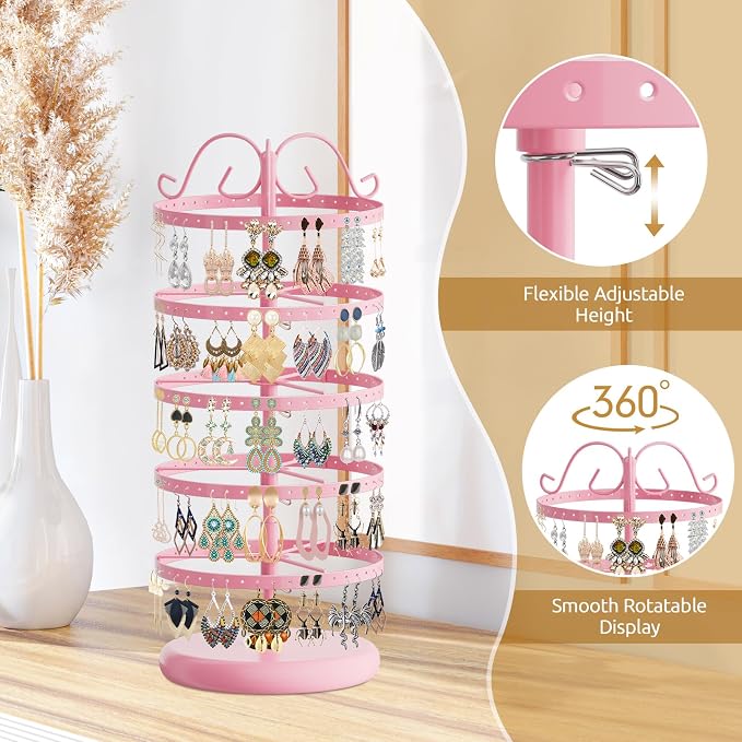 MODOWEY 5 Tiers Metal Rotating Earring Holder Organizer Stand Adjustable - Image 4