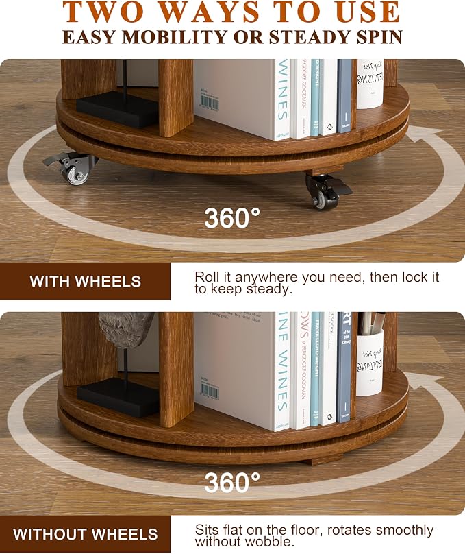 6 Tier Solid Wood Rotating Bookshelf on Wheels, 360° Spinning Book Shelf Tower - Image 5