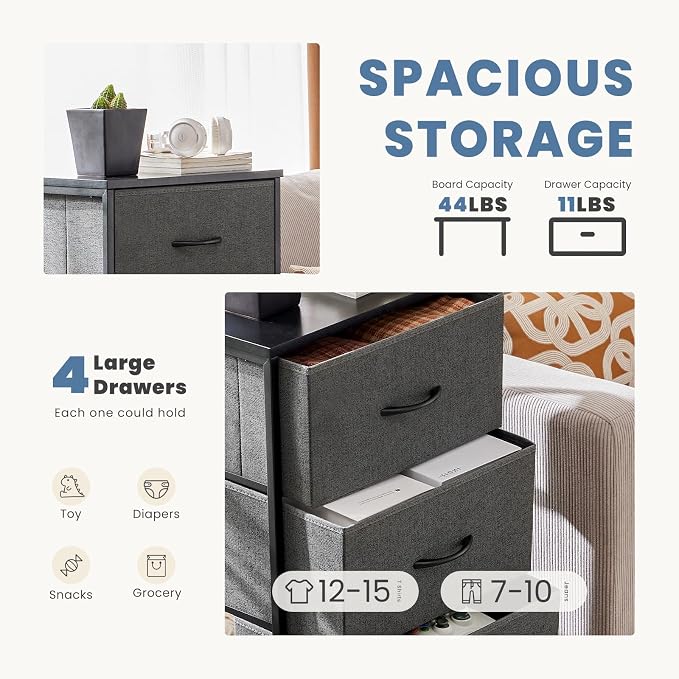 DUMOS Nightstand with 4 Drawers Bedside Table with Removable Fabric Bins Sturdy - Image 4