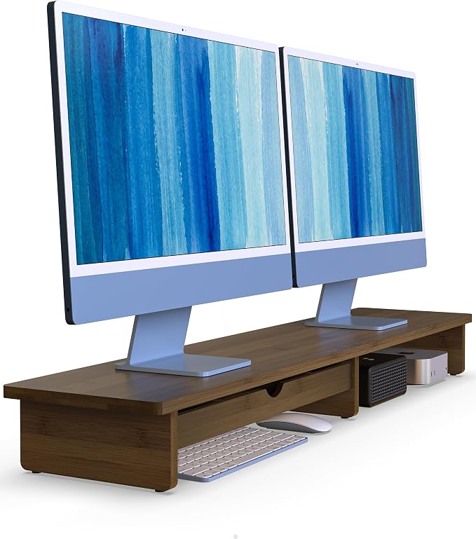 42” Monitor Stand with Large Drawer Keyboard Storage, Dark Bamboo | dual by WELLWENG