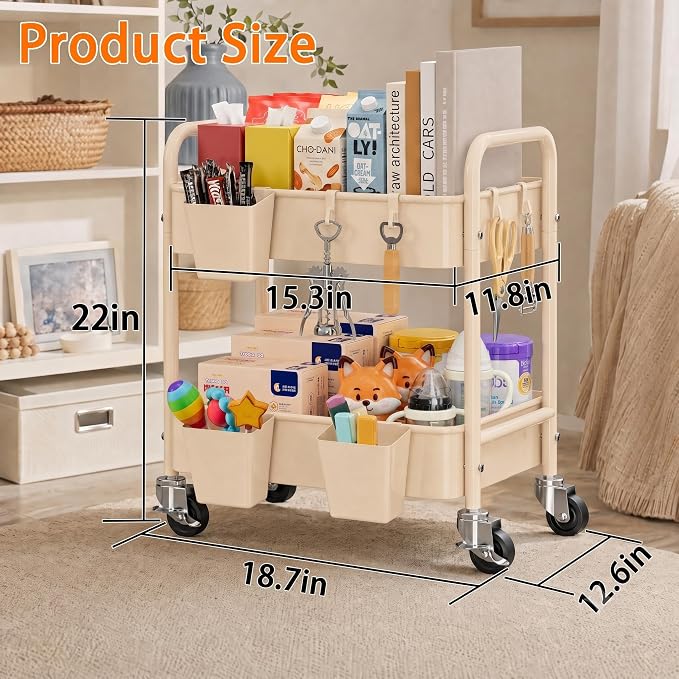 Beige 2 Tiered Small Rolling Cart on Wheels, Diaper Caddy Bedside Cart - Image 2