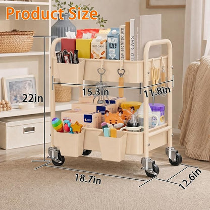 Beige 2 Tiered Small Rolling Cart on Wheels, Diaper Caddy Bedside Cart - Image 2