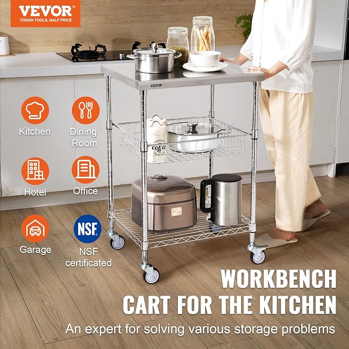 VEVOR Kitchen Utility Cart, 36.6"x20"x24" 3 Tiers Wire Rolling Cart, 470LBS - Image 2