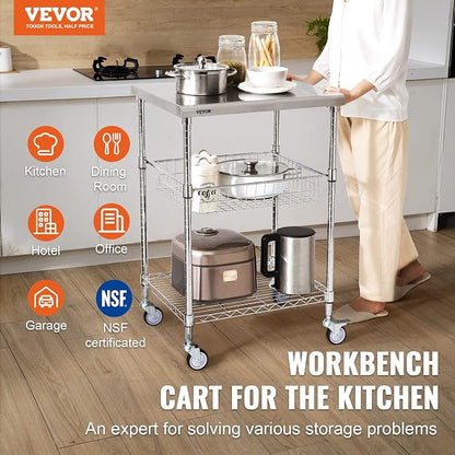 VEVOR Kitchen Utility Cart, 36.6"x20"x24" 3 Tiers Wire Rolling Cart, 470LBS - Image 2