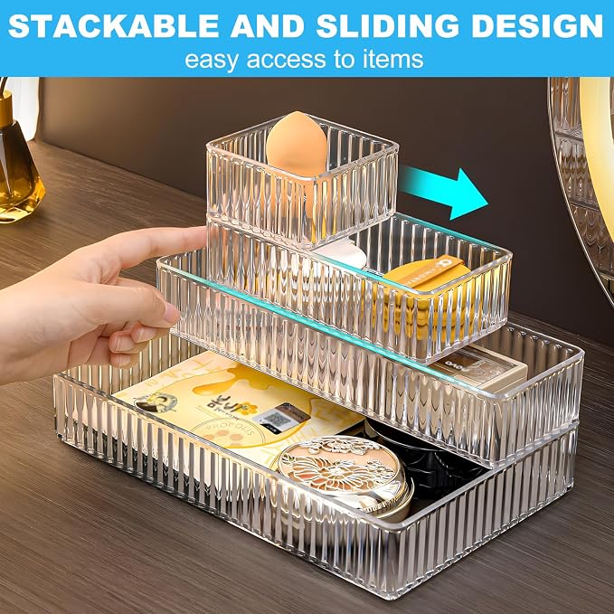 HOTOOLME 7PCS Clear Drawer Organizers Bins, 4 Size Stackable Makeup Drawer - Image 2