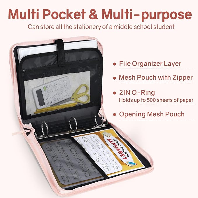 SUNEE Zippered Binder Bag with Handle, 2-Inch 3-Ring O-Ring, 500-Sheet Capacity - Image 3