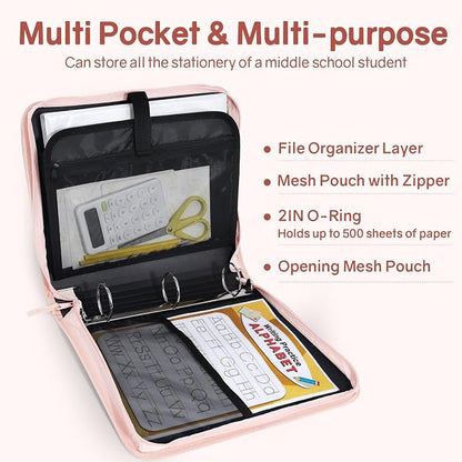 SUNEE Zippered Binder Bag with Handle, 2-Inch 3-Ring O-Ring, 500-Sheet Capacity - Image 3