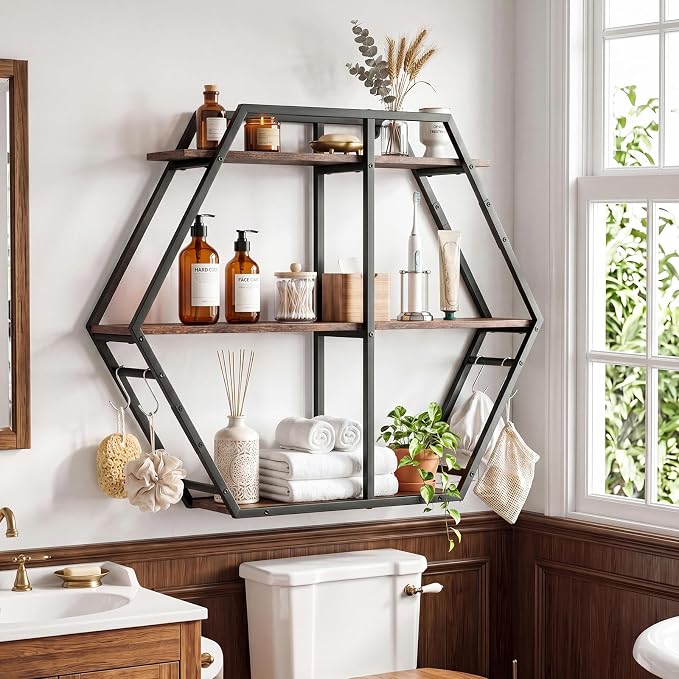 Tangkula Hexagon Wall Shelf, 3-Tier Geometric Bookcase - Image 2