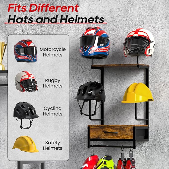 Motorcycle Helmet Holder Wall Mount, Solid Wood and Metal Helmet Rac, - Image 5