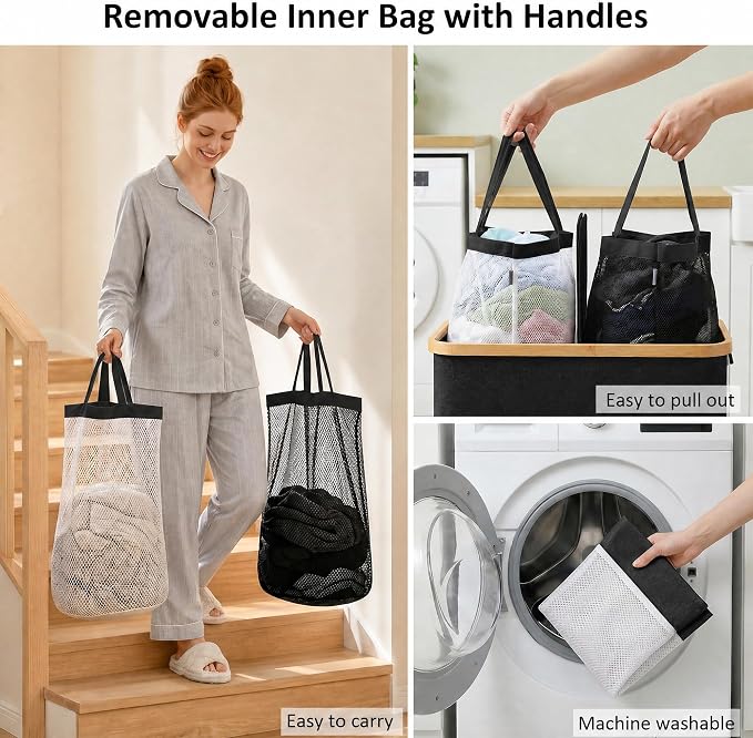 efluky Laundry Hamper with Lid, Double Laundry Basket with 2 Removable Bags - Image 3