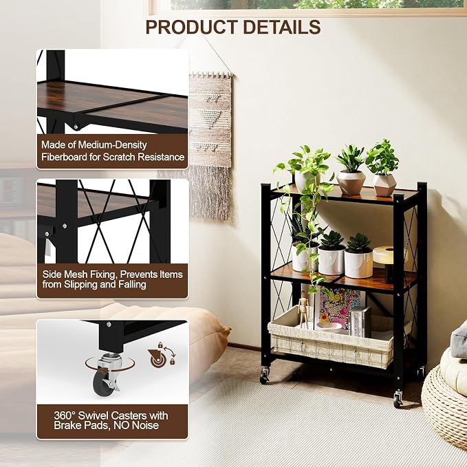 3 Tier Folding Shelf with Wheels, Wood and Metal Bookshelf | No Assembly - Image 4