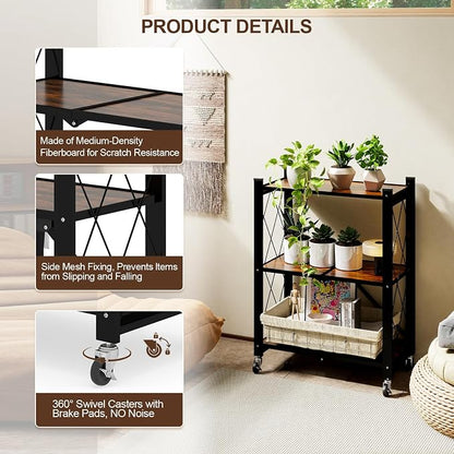 3 Tier Folding Shelf with Wheels, Wood and Metal Bookshelf | No Assembly - Image 4