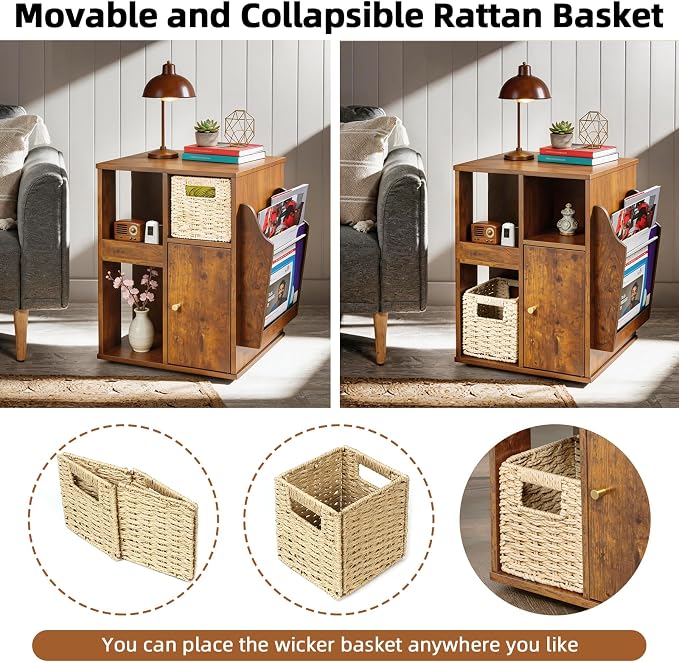 Square Rotating End Table with Storage, Rustic Brown | Side Table with Magazine - Image 9