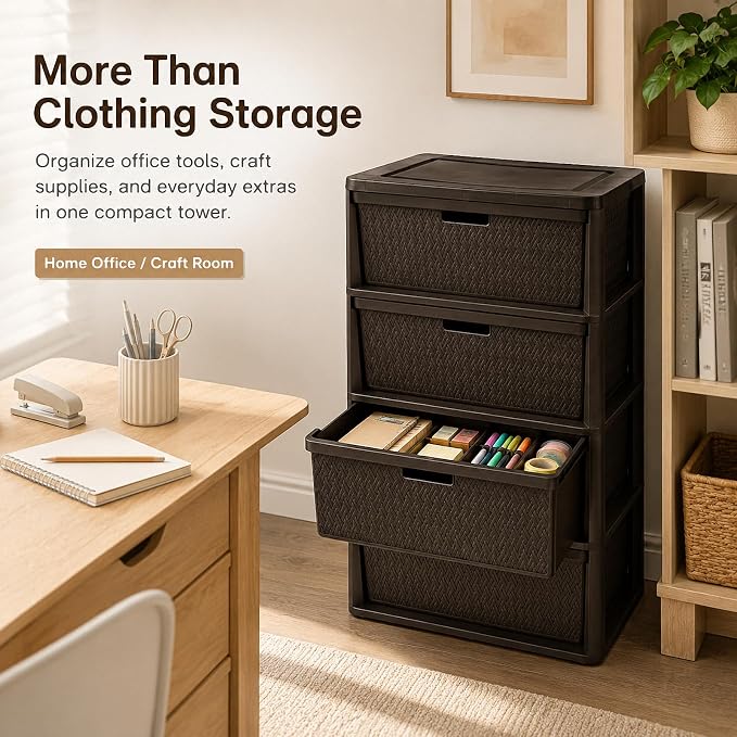Wide 4-Drawer Plastic Storage Tower, Cross-Weave Floor Cabinet, tool-free - Image 4