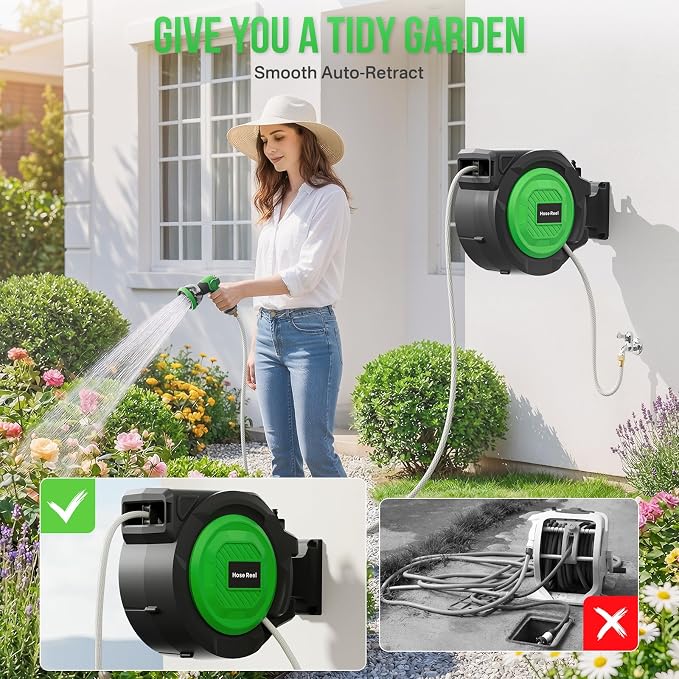 Retractable Garden Hose Reel, 1/2 in x 100 ft Automatic Slow Rewind System & - Image 2