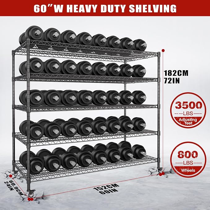 60” W Storage Shelves with Wheels, 5 Tier Wire Shelving Heavy Duty, Adjustable - Image 3