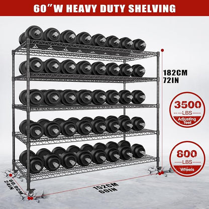 60” W Storage Shelves with Wheels, 5 Tier Wire Shelving Heavy Duty, Adjustable - Image 3