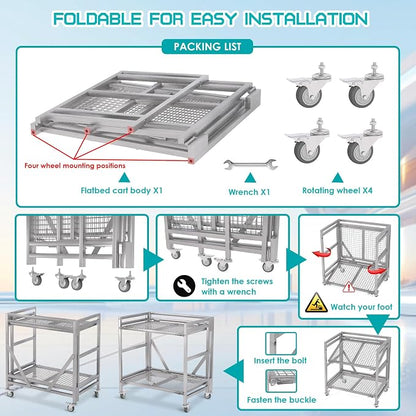 2 Shelf Rolling Cart with Wheels, 660lbs Capacity Collapsible Steel Rolling - Image 6