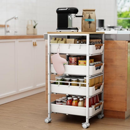 5-Tier Kitchen Storage Cart, Wood Top Rolling Cart Organizer - Image 2