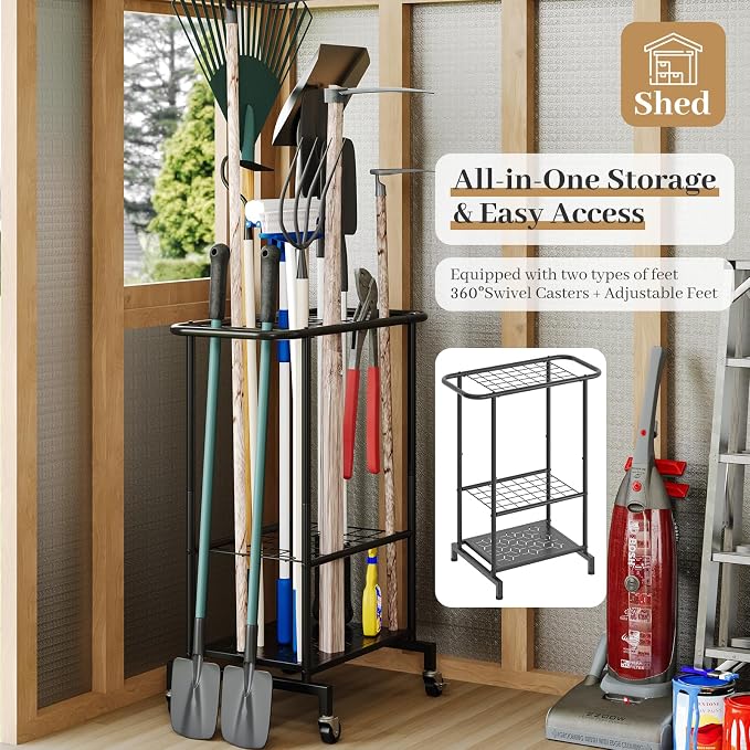 Garden Tool Organizer with Wheels, Heavy Duty Metal Garage Tool Storage Rack - Image 2
