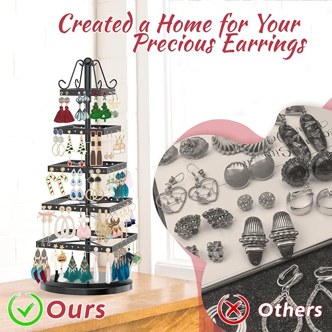 MODOWEY 5 Tier Metal Rotating Earring Holder Organizer Tree Display, Square | - Image 4