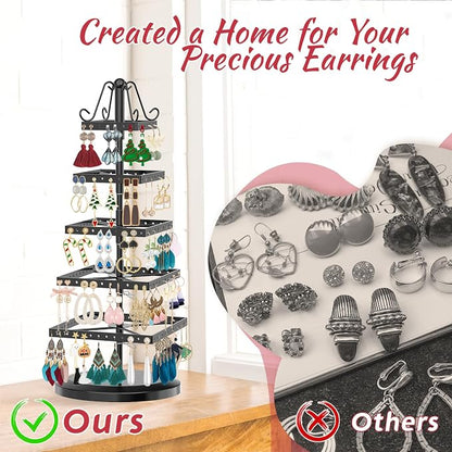 MODOWEY 5 Tier Metal Rotating Earring Holder Organizer Tree Display, Square | - Image 4