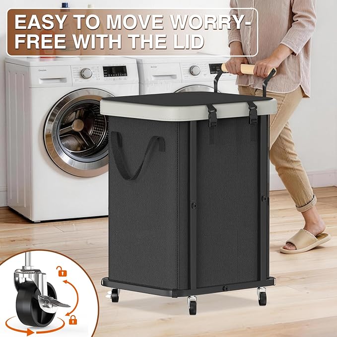 40 Gal Laundry Hamper with Lid, Leather Patchwork Laundry Baskets with Wheels - Image 2