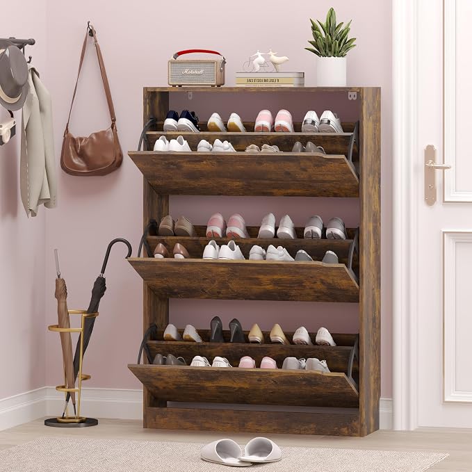 BORNOON Shoe Cabinet with 3 Flip Drawers, Hidden Wood Shoe Cabinet, - Image 7