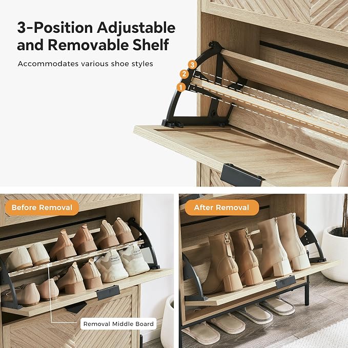 Shoe Cabinet with 2 Flip Drawers, Narrow Entryway Rack, Oak | Slanted Wood Grain - Image 4
