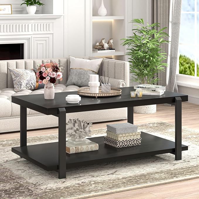 FOLUBAN Black Coffee Table, Modern Rustic Wood Center Table - Image 3