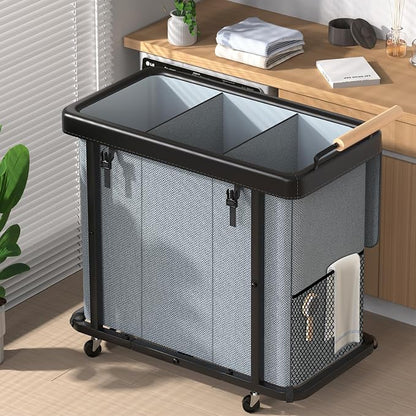 Rolling Laundry Hamper with Wheels, Laundry Hamper 3 Section with Lid, Laundry by ELOWEN