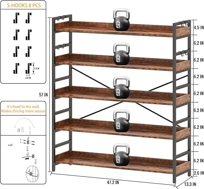 HCHQHS 5 Tier Bookshelf, Adjustable Industrial Bookcase, Vertical Tall Book - Image 3