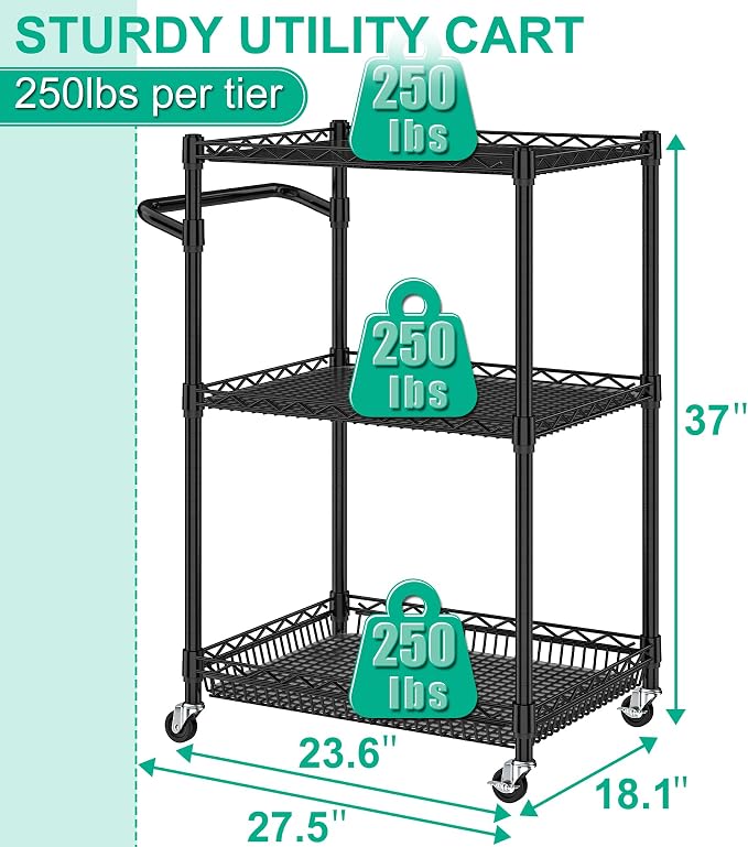 3 Tier Rolling Cart with Wheels, Metal Utility Cart - Image 5