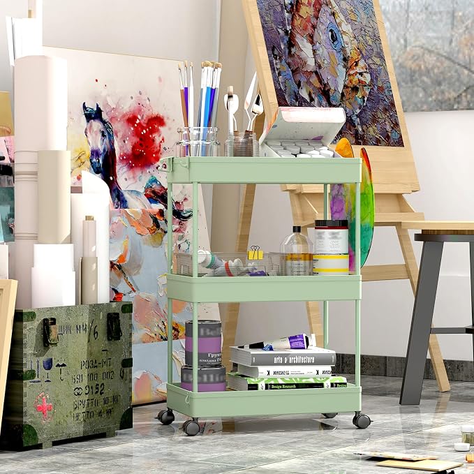 SPACEKEEPER Green 3-Tier Rolling Storage Cart, Bathroom & Kitchen Organizer - Image 2