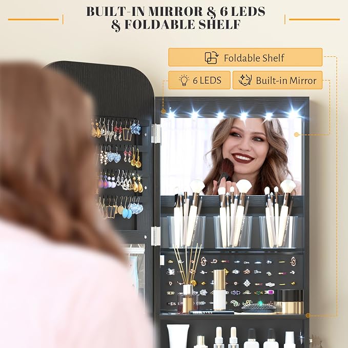 Vlsrka 47.2" LED Mirror Jewelry Cabinet, Wall/Door Mounted Full Length Mirror - Image 4