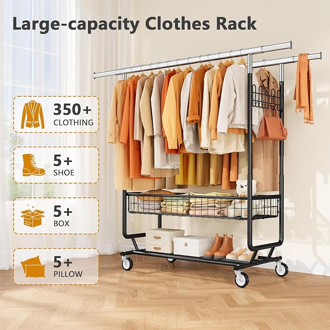 Heavy Duty Clothes Rack with Metal Basket, 720 LBS Rolling Double Rod Garment - Image 3