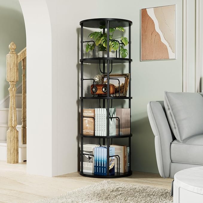 Flycity 4 Tier Rotating Bookshelf, 360° Corner Bookshelf Tower, Round Revolving - Image 4