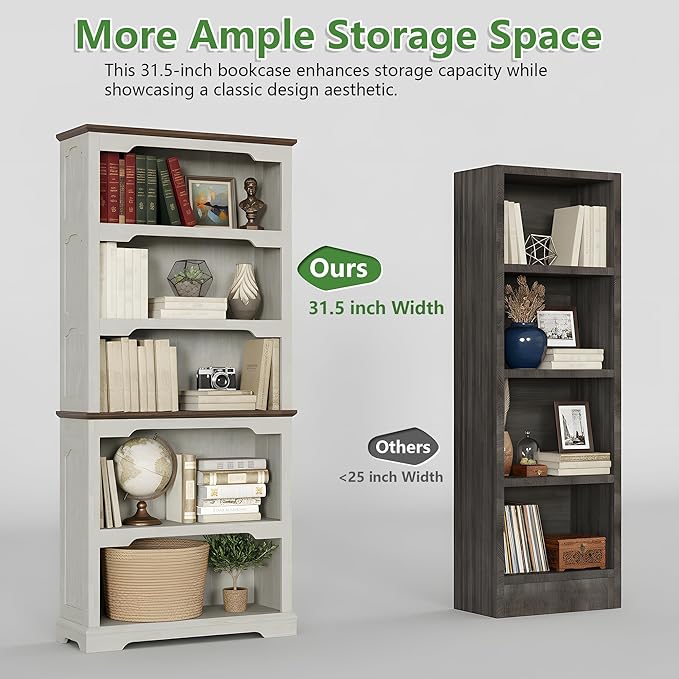 70 Inch Farmhouse Bookcase, Distressed White and Walnut Two-Tone Shelves - Image 3