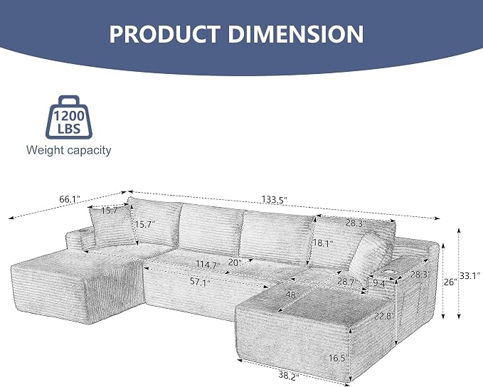 GNIXUU 133.5" Grey U Shaped Boneless Sectional Couch - Image 2