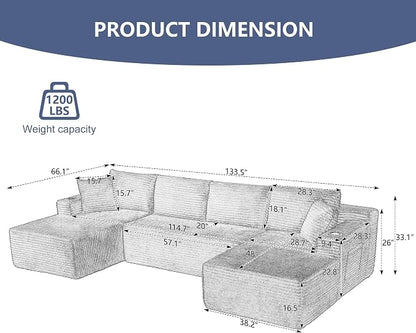 GNIXUU 133.5" Grey U Shaped Boneless Sectional Couch - Image 2