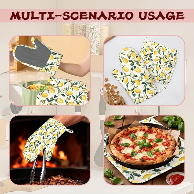 Retro Lemon Floral Silicone Oven Mitts and Pot Holders, Heat-Resistant 4 Piece - Image 6