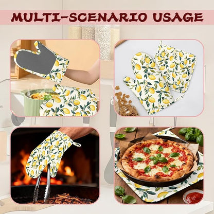 Retro Lemon Floral Silicone Oven Mitts and Pot Holders, Heat-Resistant 4 Piece - Image 6