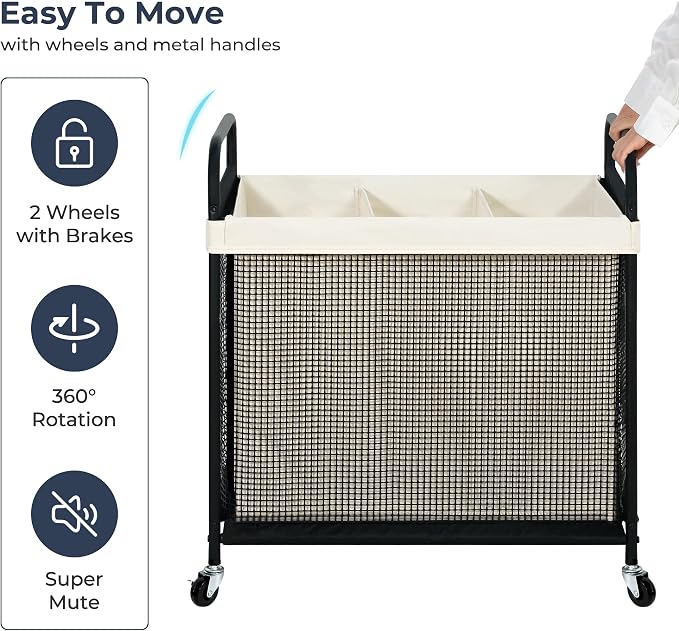 STO STO Laundry Hamper 3 Section, 120L Rolling Laundry Sorter Cart - Image 7