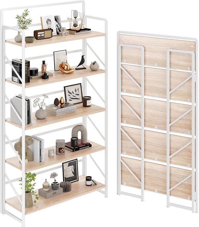 JSB Folding Bookshelf, Industrial Storage Shelves, No Assembly Vintage Wood by HomeFurniture