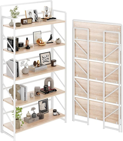 JSB Folding Bookshelf, Industrial Storage Shelves, No Assembly Vintage Wood by HomeFurniture