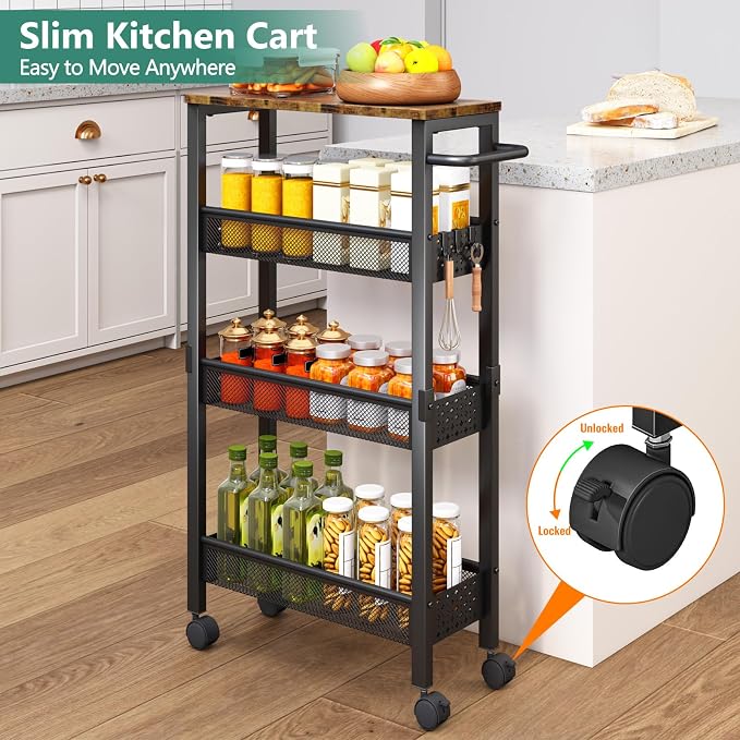 Utility Slim Storage Cart with Wheels, 4 Tier Small Rolling Cart with Wood Top - Image 7