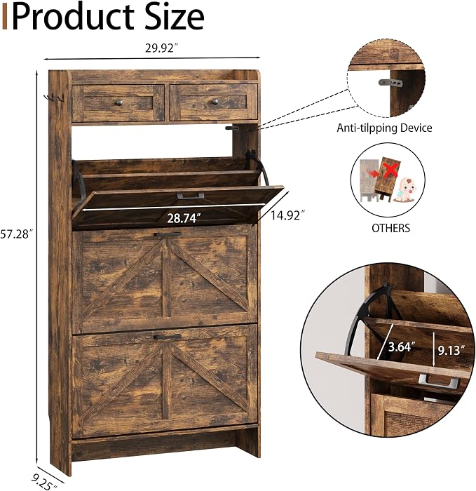 Shoe Cabinet with 3 Flip Drawers & 2 Top Drawers, Hidden Slim Shoe Rack - Image 2