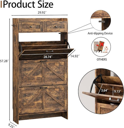 Shoe Cabinet with 3 Flip Drawers & 2 Top Drawers, Hidden Slim Shoe Rack - Image 2