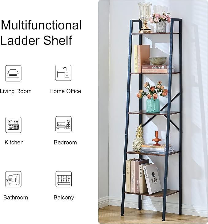 Hoctieon Industrial Ladder Bookshelf, 5-Tier Tall Bookshelf, Open Ladder Shelf - Image 8